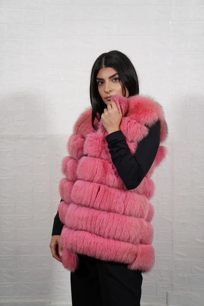 Fox fur vest pink collar close-up showing precise matching between collar and shoulder skins in soft romantic pink fox — Greek craftsmanship, TatiFurs

