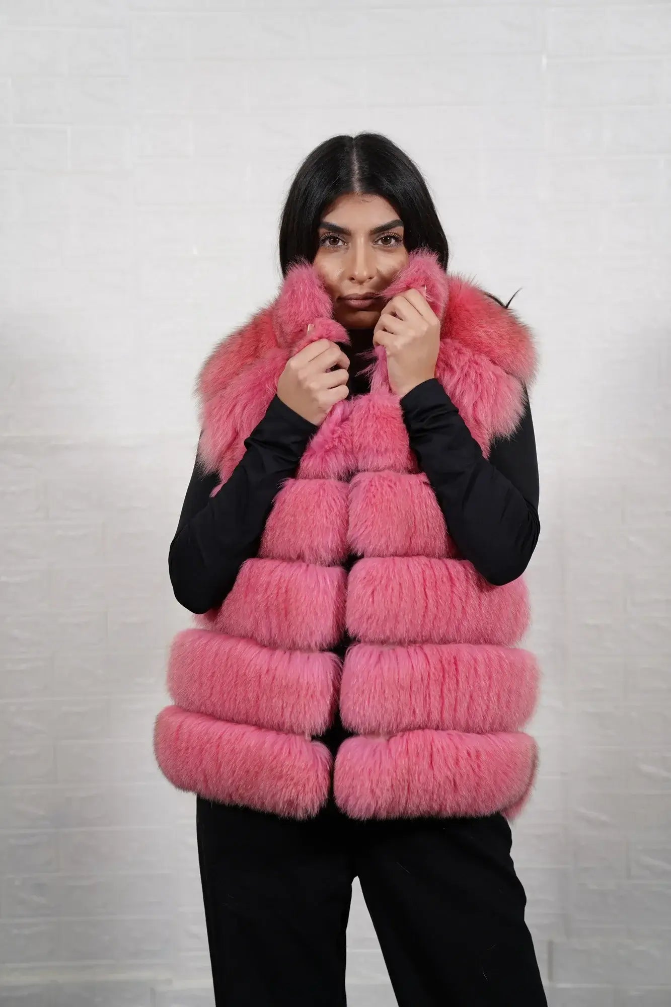 Fox fur vest pink women shown full length from front displaying collar frame and button closure in horizontal leather framed pink fox rows — Greek craftsmanship, TatiFurs
