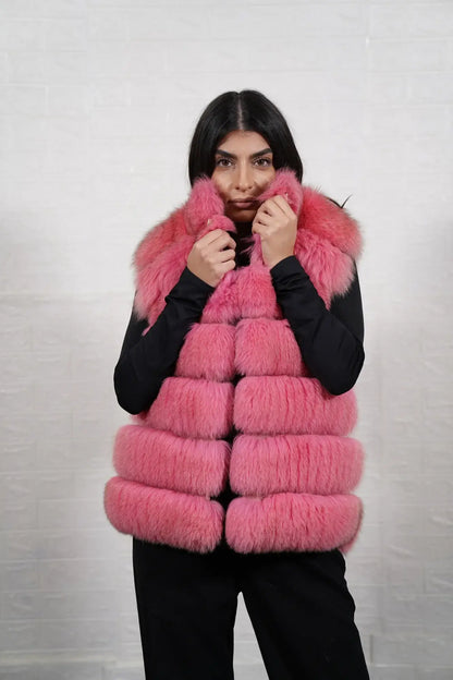 Fox fur vest pink women shown full length from front displaying collar frame and button closure in horizontal leather framed pink fox rows — Greek craftsmanship, TatiFurs
