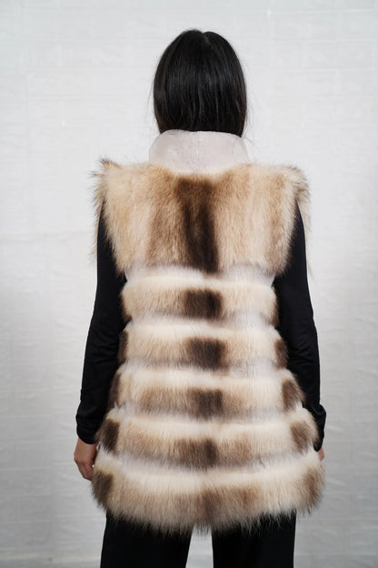 Finn raccoon vest sheepskin lines shown from the back displaying full below hip silhouette and horizontal sheepskin strip construction across Finnish raccoon rows — Greek craftsmanship, TatiFurs
