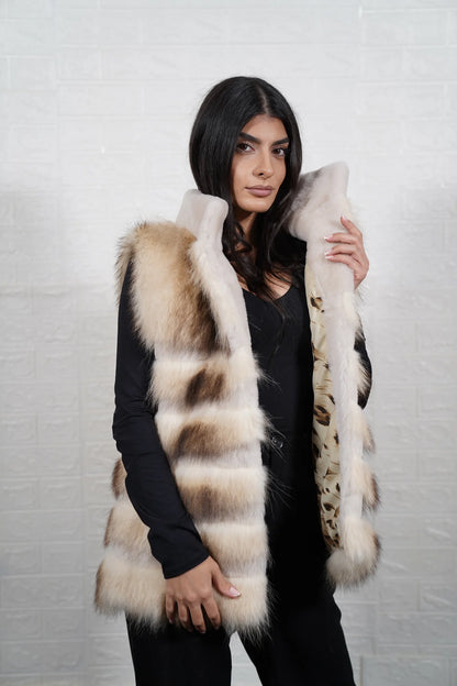 Finn raccoon vest sheepskin lines women shown full length from front displaying off white sheepskin collar and button closure in Finnish raccoon sheepskin vest — Greek craftsmanship, TatiFurs
