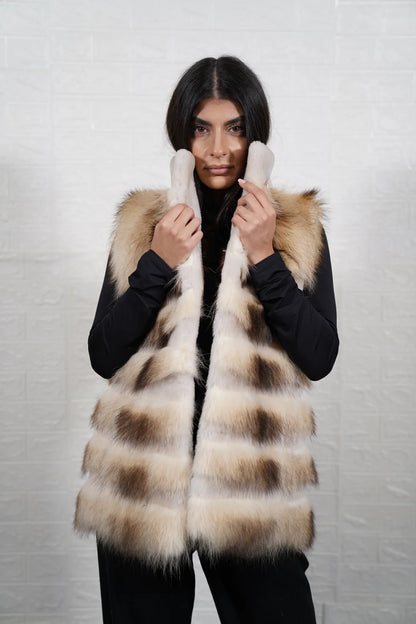 Finn raccoon vest sheepskin lines off white sheepskin collar below hip women — front view, TatiFurs
