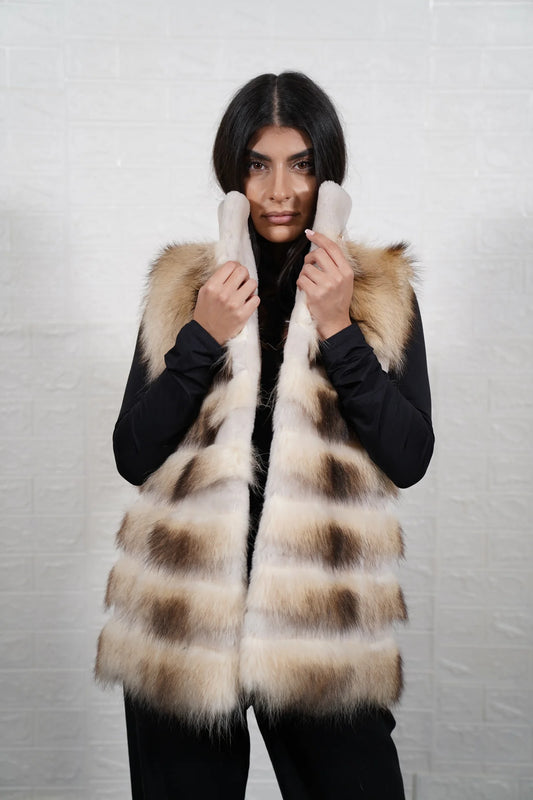 Finn raccoon vest sheepskin lines off white sheepskin collar below hip women — front view, TatiFurs
