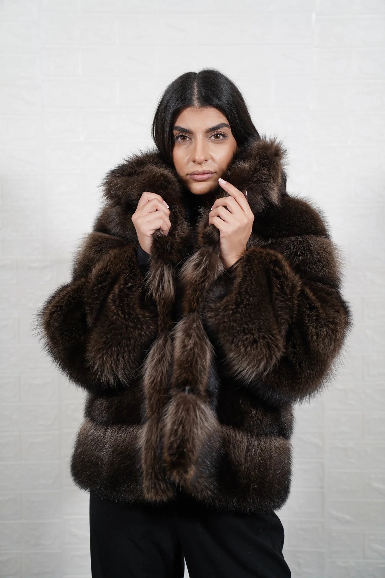 Raccoon fur jacket brown women shown full length from front displaying collar frame and button closure in natural brown raccoon — Greek craftsmanship, TatiFurs
