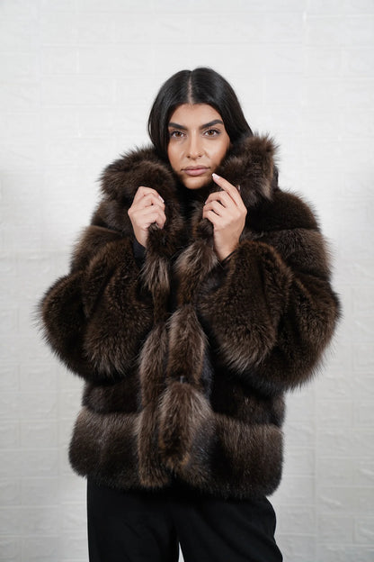Raccoon fur jacket brown women shown full length from front displaying collar frame and button closure in natural brown raccoon — Greek craftsmanship, TatiFurs
