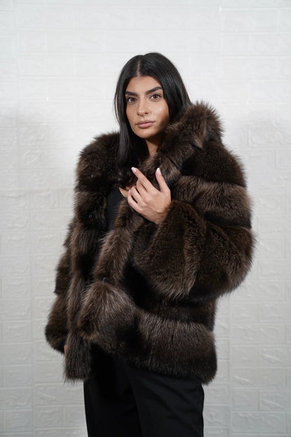 Raccoon fur jacket brown with collar displaying colour matched natural brown raccoon panels and below hip collared silhouette — Greek craftsmanship, TatiFurs
