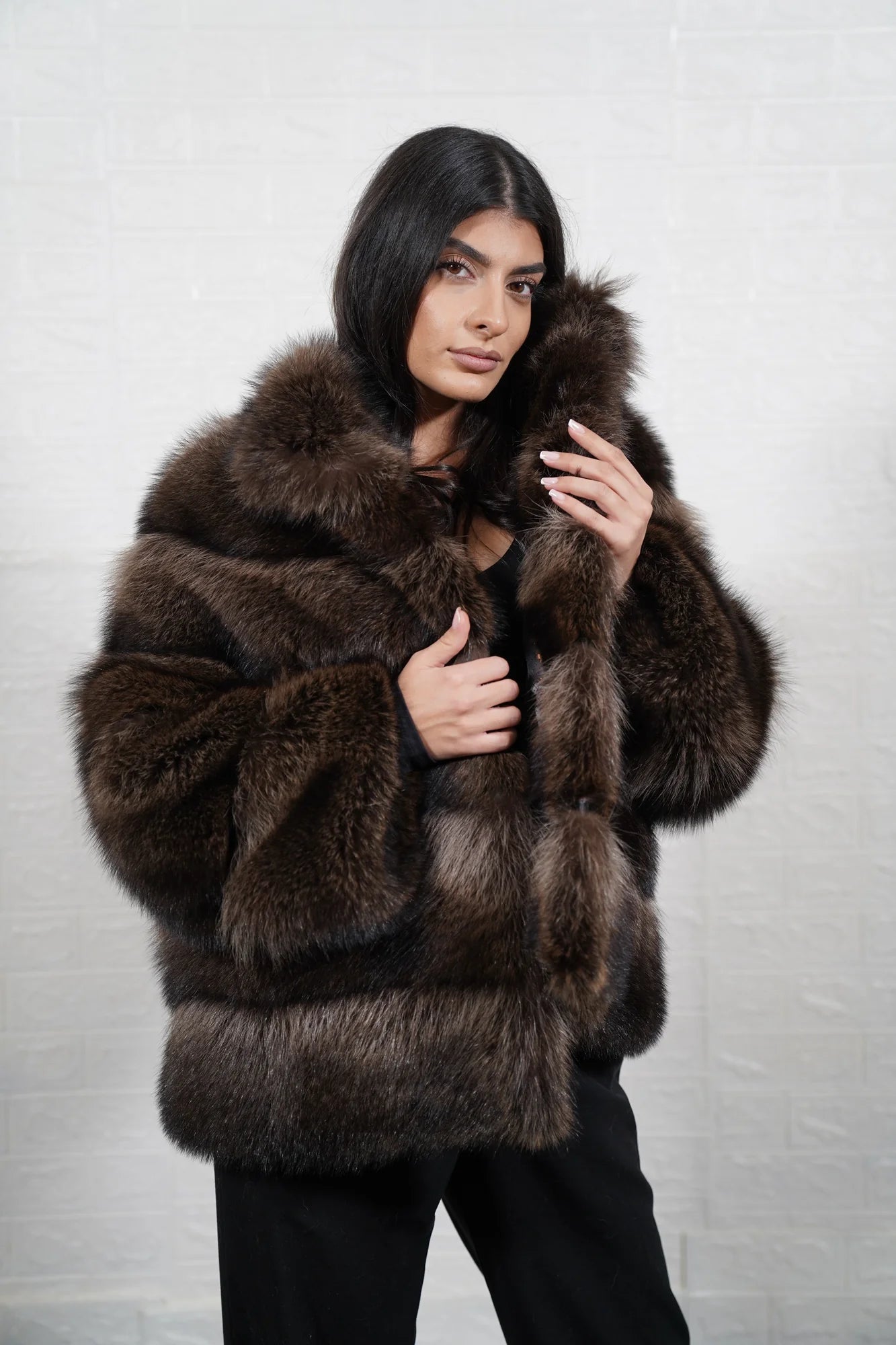 Raccoon fur jacket brown collar below hip women — front view, TatiFurs
