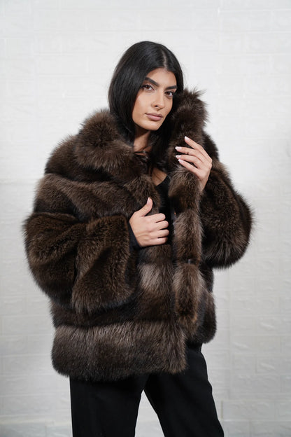 Raccoon fur jacket brown collar below hip women — front view, TatiFurs
