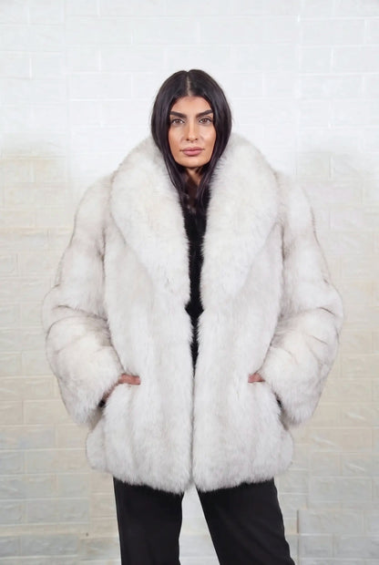 fox fur jacket blue natural Saga Royal full skin mid length — front view, hands in pockets, TatiFurs