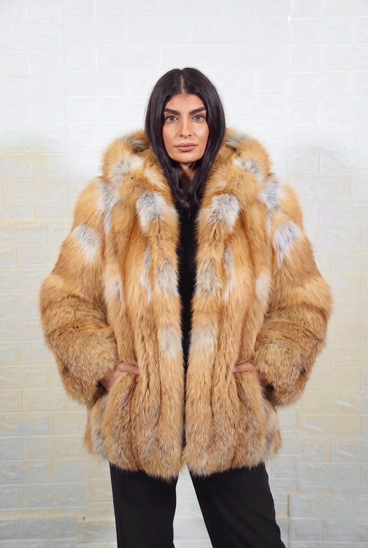 fox fur jacket golden natural full skin mid length — front view, hood down, hands in pockets, TatiFurs
