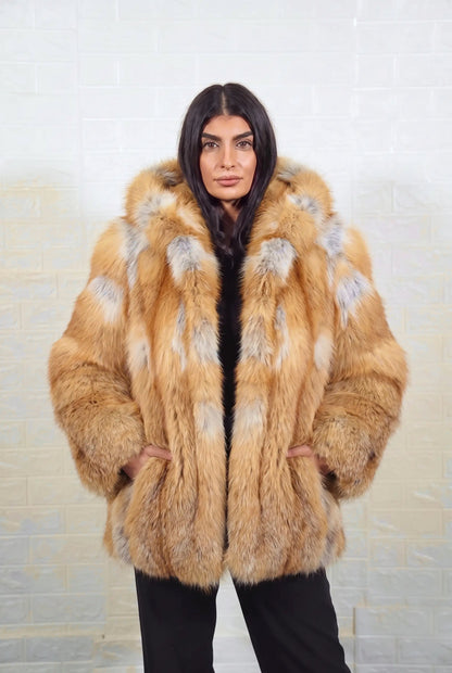 fox fur jacket golden natural full skin mid length — front view, hood down, hands in pockets, TatiFurs