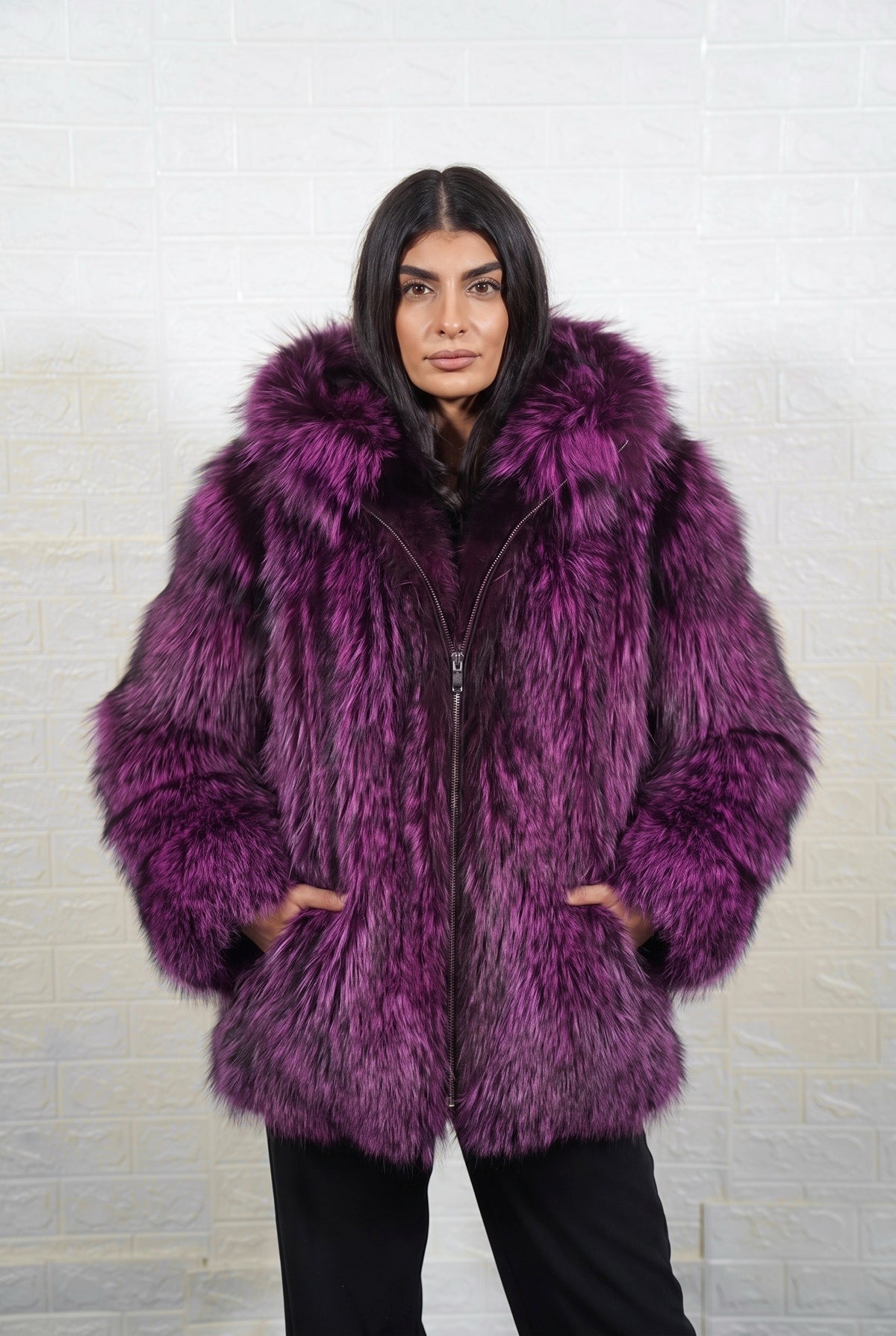fox fur jacket purple black full skin mid length — front view, hood down, hands in pockets, TatiFurs