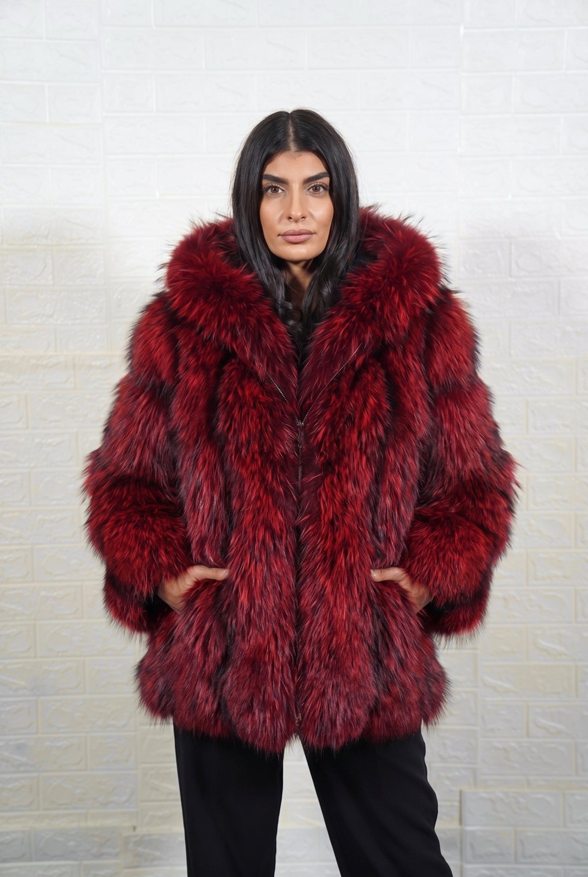 fox fur jacket red black full skin mid length — front view, hood down, hands in pockets, TatiFurs