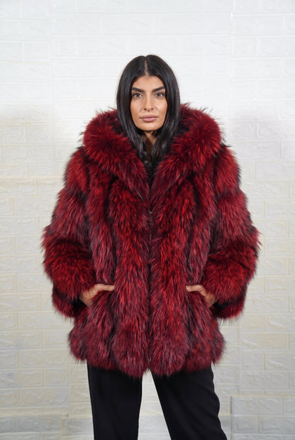 fox fur jacket red black full skin mid length — front view, hood down, hands in pockets, TatiFurs