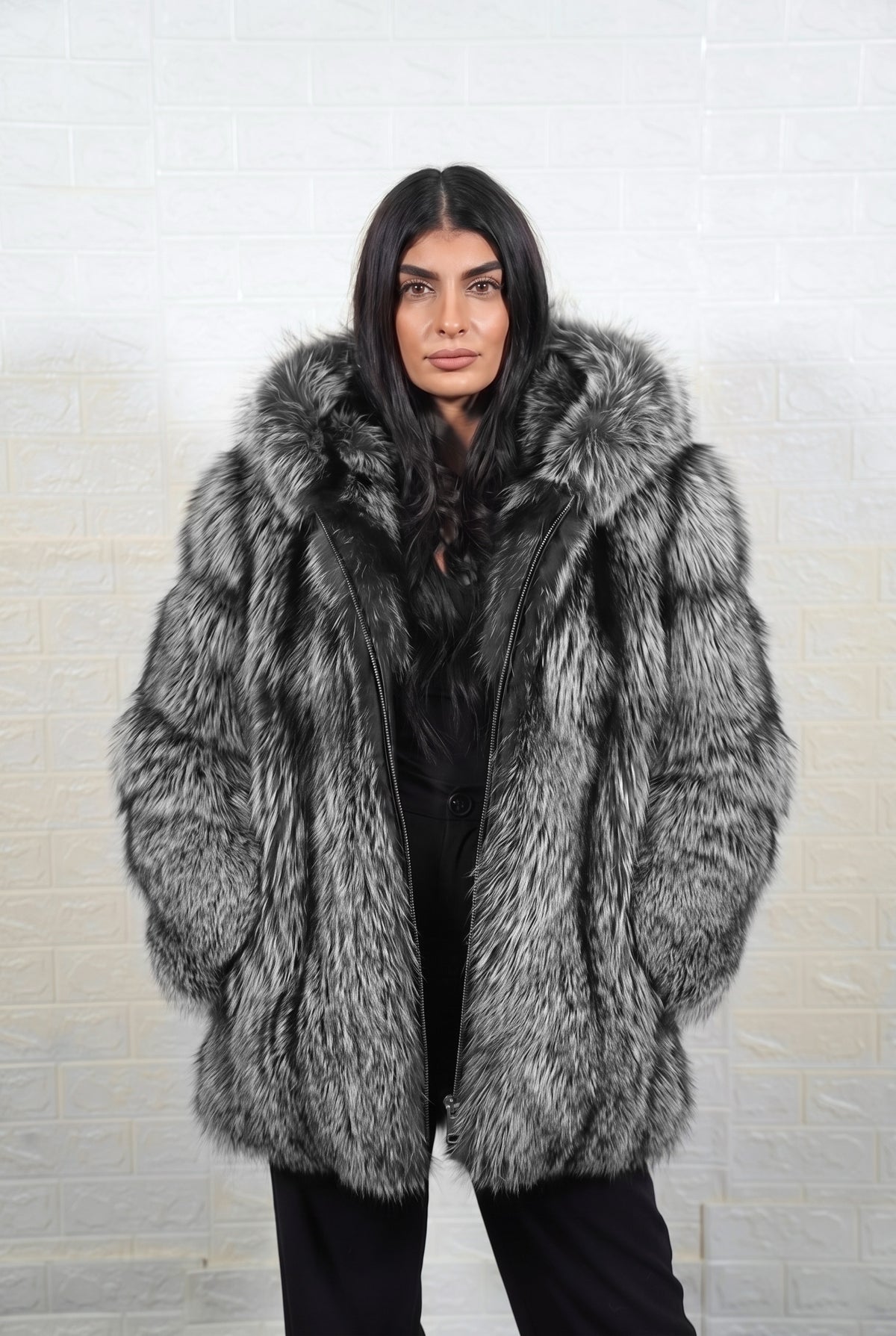 fox fur jacket silver natural full skin mid length — front view, hood down, hands in pockets, TatiFurs