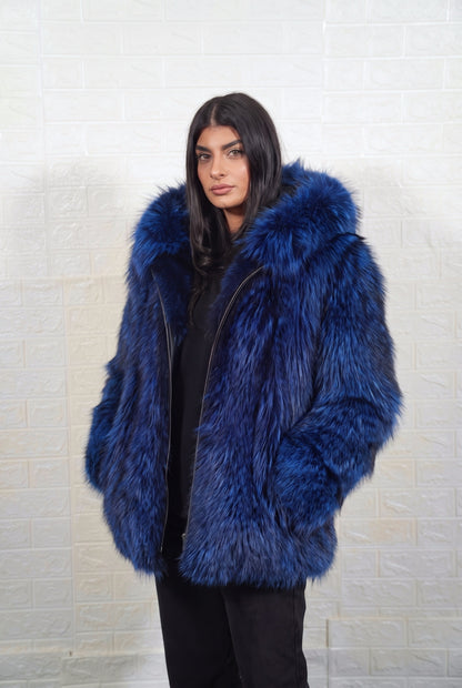 fox fur jacket blue black three-quarter view displaying mid length jacket and electric blue over jet black fox fur pile depth — TatiFurs