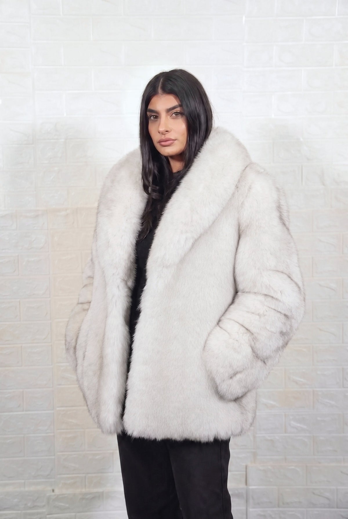 fox fur jacket blue natural three-quarter view displaying mid length jacket and natural blue fox, ivory-white underfur with a soft blue-grey veil at the tips fox fur pile depth — TatiFurs