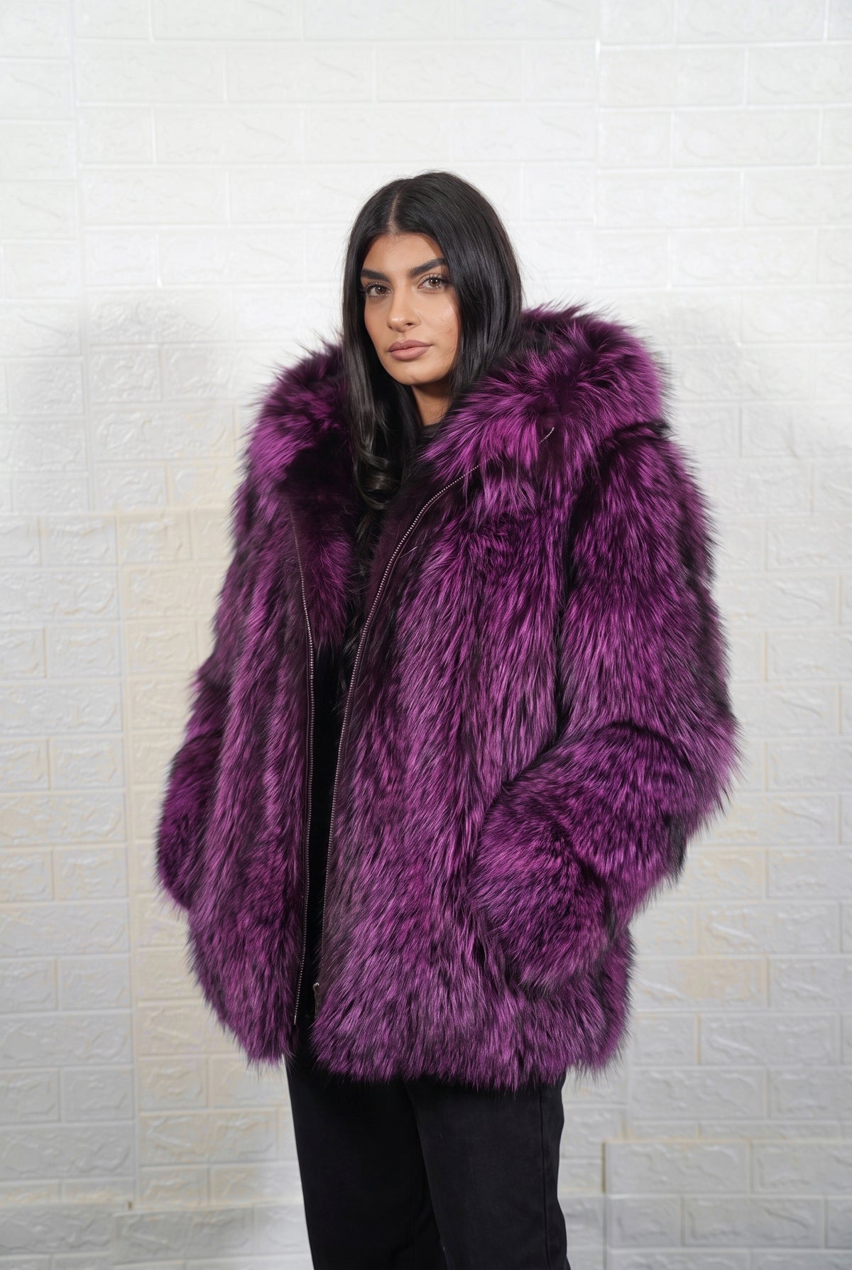 fox fur jacket purple black three-quarter view displaying mid length jacket and deep violet over jet black fox fur pile depth — TatiFurs