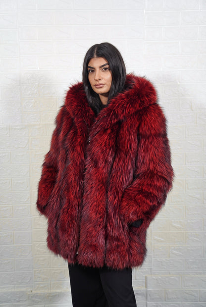 fox fur jacket red black three-quarter view displaying mid length jacket and deep crimson over jet black fox fur pile depth — TatiFurs