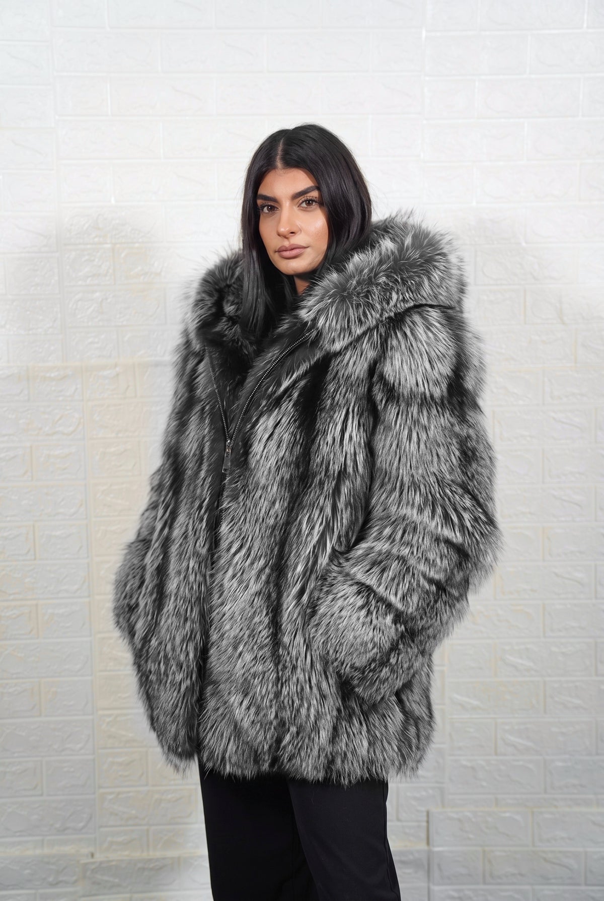 fox fur jacket silver natural three-quarter view displaying mid length jacket and natural silver fox, black base with silver-white tips fox fur pile depth — TatiFurs