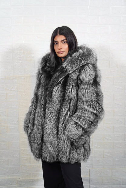 fox fur jacket silver natural three-quarter view displaying mid length jacket and natural silver fox, black base with silver-white tips fox fur pile depth — TatiFurs