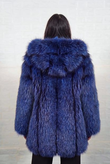 fox fur jacket blue black shown from the back displaying full mid length silhouette and consistent electric blue over jet black pile — Greek craftsmanship, TatiFurs