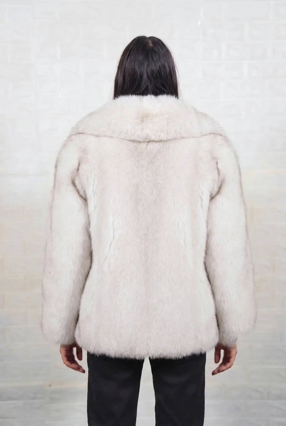 fox fur jacket blue natural shown from the back displaying full mid length silhouette and consistent natural blue fox, ivory-white underfur with a soft blue-grey veil at the tips pile — Greek craftsmanship, TatiFurs