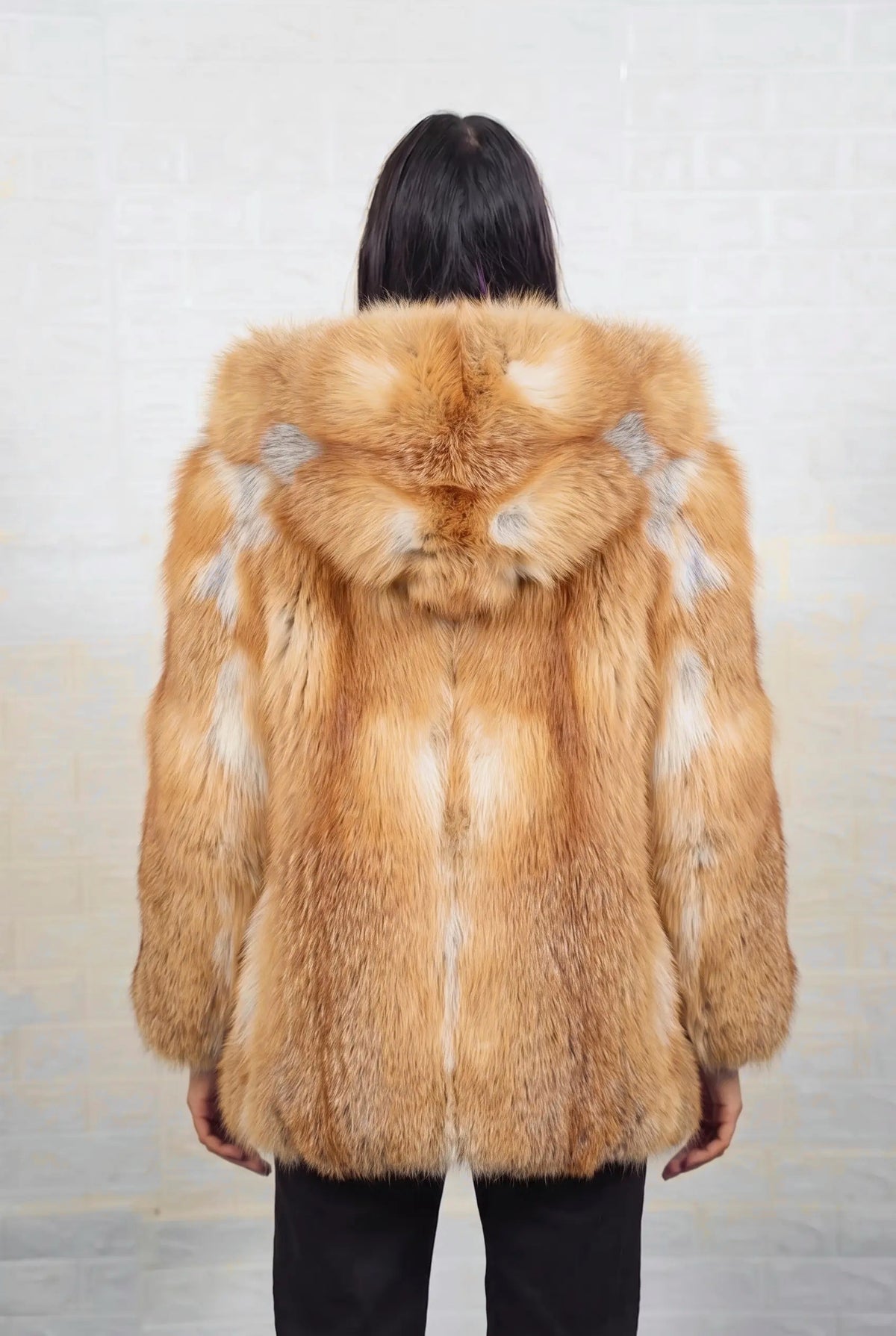 fox fur jacket golden natural shown from the back displaying full mid length silhouette and consistent natural golden fox, warm amber-gold with cream and pale silver highlights pile — Greek craftsmanship, TatiFurs