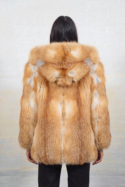 fox fur jacket golden natural shown from the back displaying full mid length silhouette and consistent natural golden fox, warm amber-gold with cream and pale silver highlights pile — Greek craftsmanship, TatiFurs