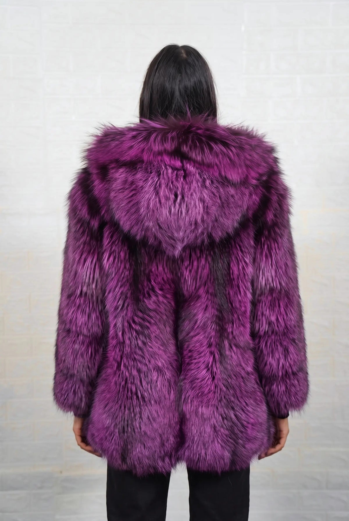 fox fur jacket purple black shown from the back displaying full mid length silhouette and consistent deep violet over jet black pile — Greek craftsmanship, TatiFurs