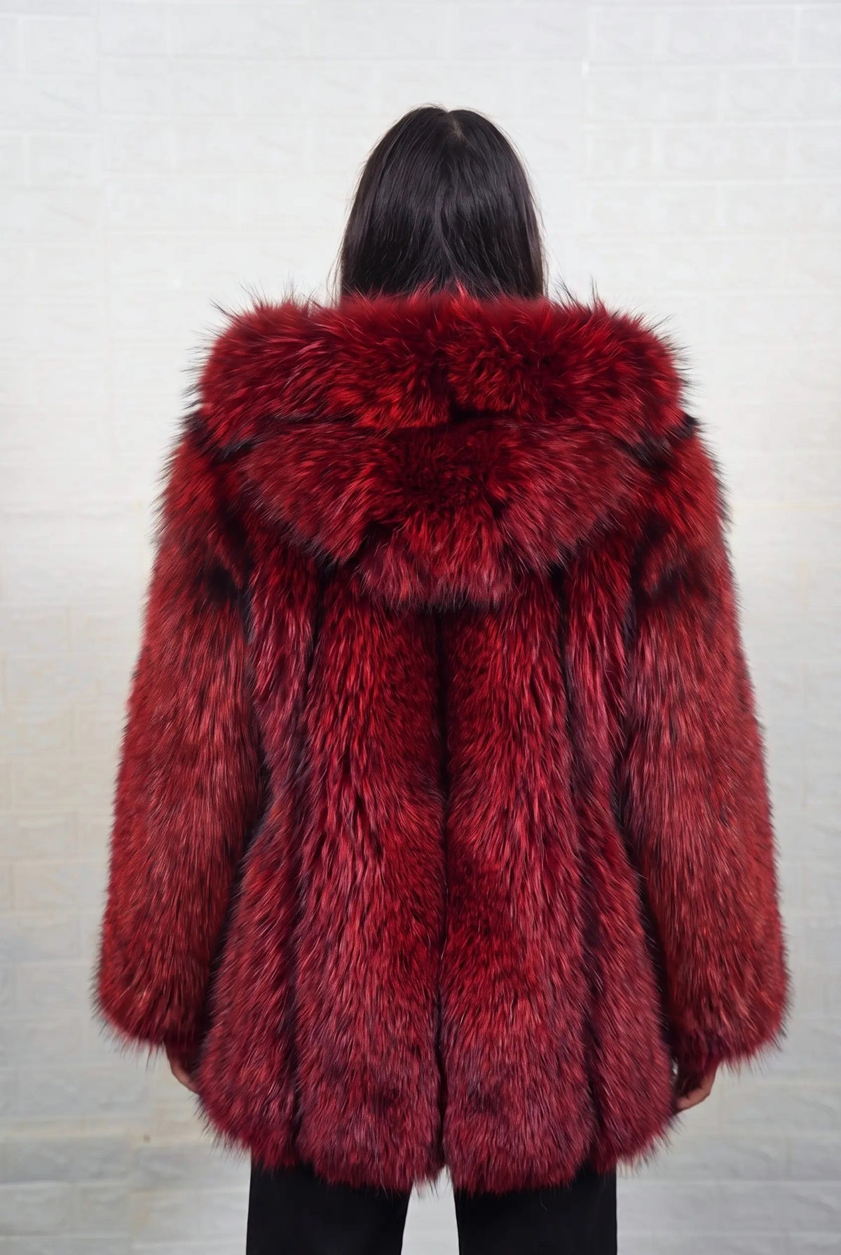fox fur jacket red black shown from the back displaying full mid length silhouette and consistent deep crimson over jet black pile — Greek craftsmanship, TatiFurs