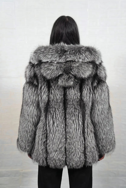 fox fur jacket silver natural shown from the back displaying full mid length silhouette and consistent natural silver fox, black base with silver-white tips pile — Greek craftsmanship, TatiFurs