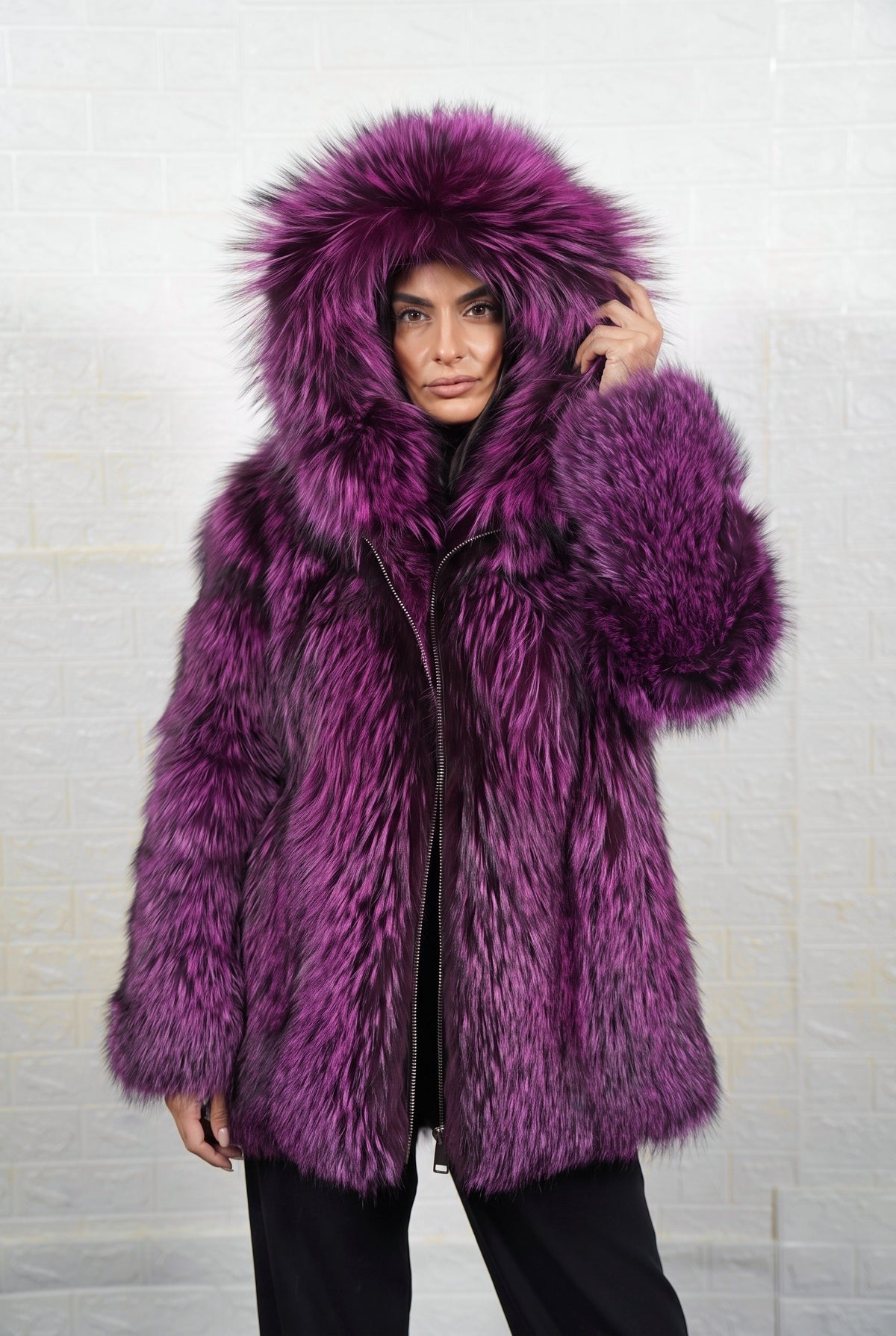 fox fur jacket purple black worn with the fur hood up framing the face in deep violet over jet black fox fur — TatiFurs