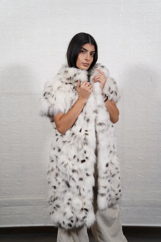 Fox fur vest white dalmatian short sleeves collar below knee women — front view, TatiFurs
