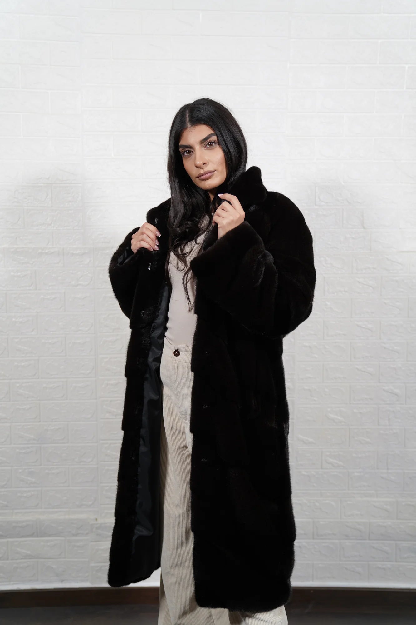 mink fur coat dark brown — worn over burgundy knit, deep tonal layering — Greek craftsmanship, TatiFurs
