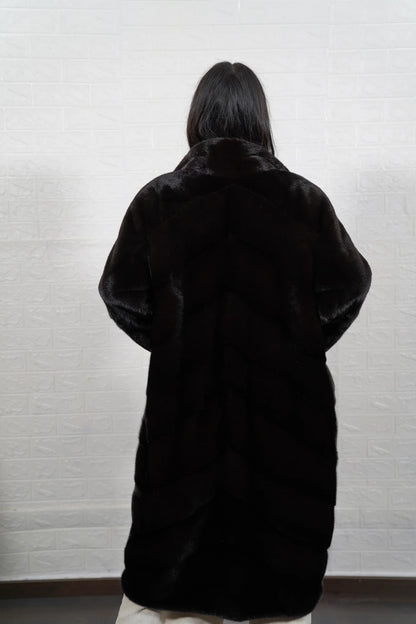 mink fur coat dark brown — side profile, long length silhouette, horizontal construction — Greek craftsmanship, TatiFurs
