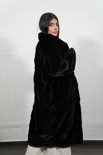 mink fur coat dark brown — full front view, button closure collar to hem — Greek craftsmanship, TatiFurs

