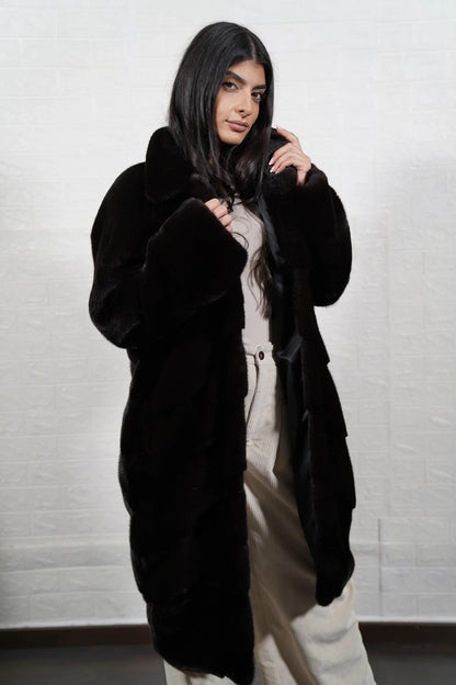 mink fur coat dark brown — full skin horizontal construction, collared, long length, front view — Greek craftsmanship, TatiFurs
