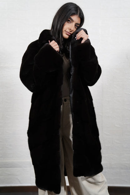mink fur coat dark brown — horizontal full skin mink rows, close-up surface detail — Greek craftsmanship, TatiFurs
