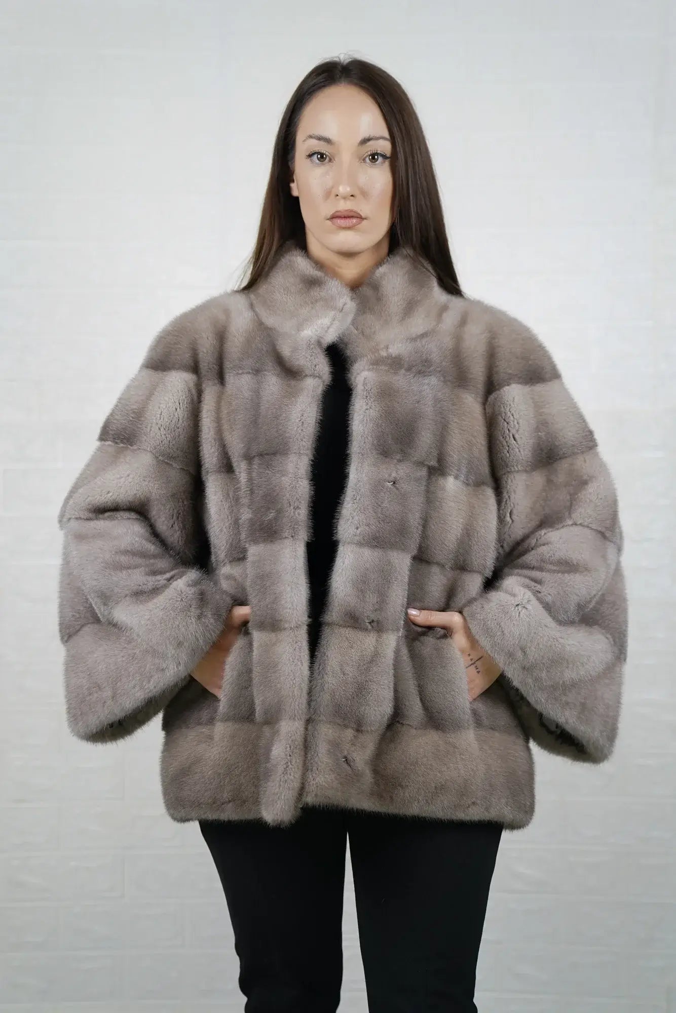 Mink fur jacket silver women shown full length from front displaying collar frame and hidden button closure in luminous silver mink — Greek craftsmanship, TatiFurs
