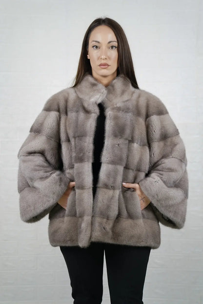 Mink fur jacket silver women shown full length from front displaying collar frame and hidden button closure in luminous silver mink — Greek craftsmanship, TatiFurs
