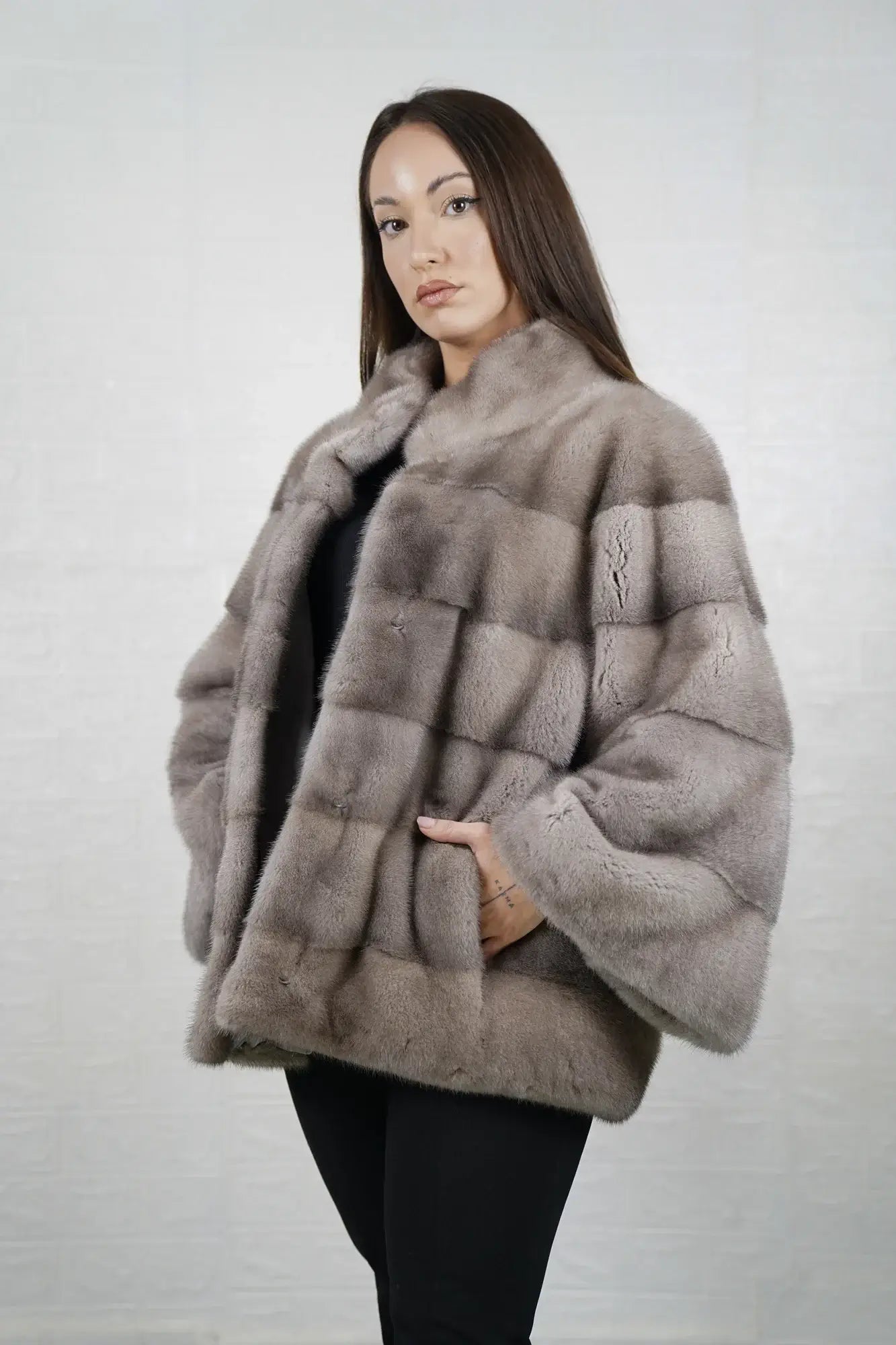 Mink fur jacket silver mid length collar hidden buttons women — front view, TatiFurs

