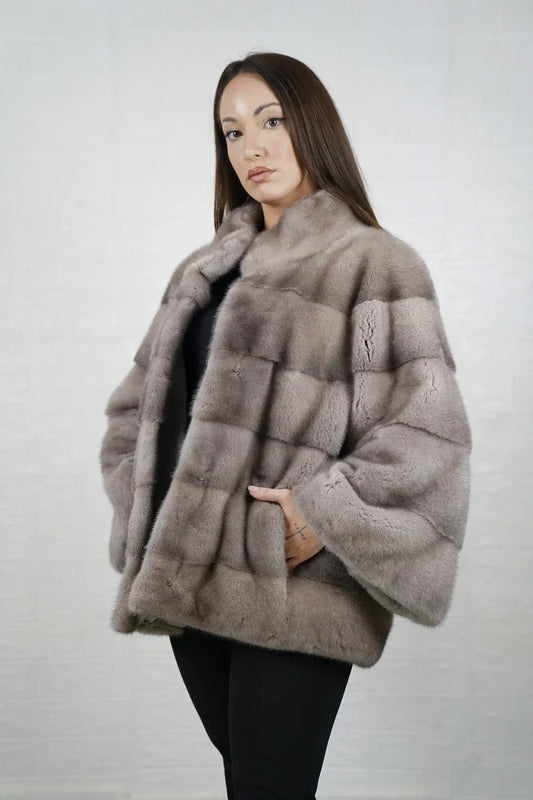 Mink fur jacket silver mid length collar hidden buttons women — front view, TatiFurs
