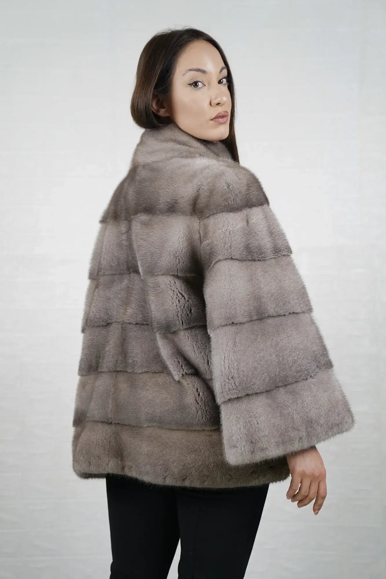 Mink fur jacket silver with collar displaying cool luminous silver tone and clean mid length silhouette between hip and knee — Greek craftsmanship, TatiFurs
