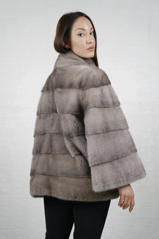 Mink fur jacket silver with collar displaying cool luminous silver tone and clean mid length silhouette between hip and knee — Greek craftsmanship, TatiFurs
