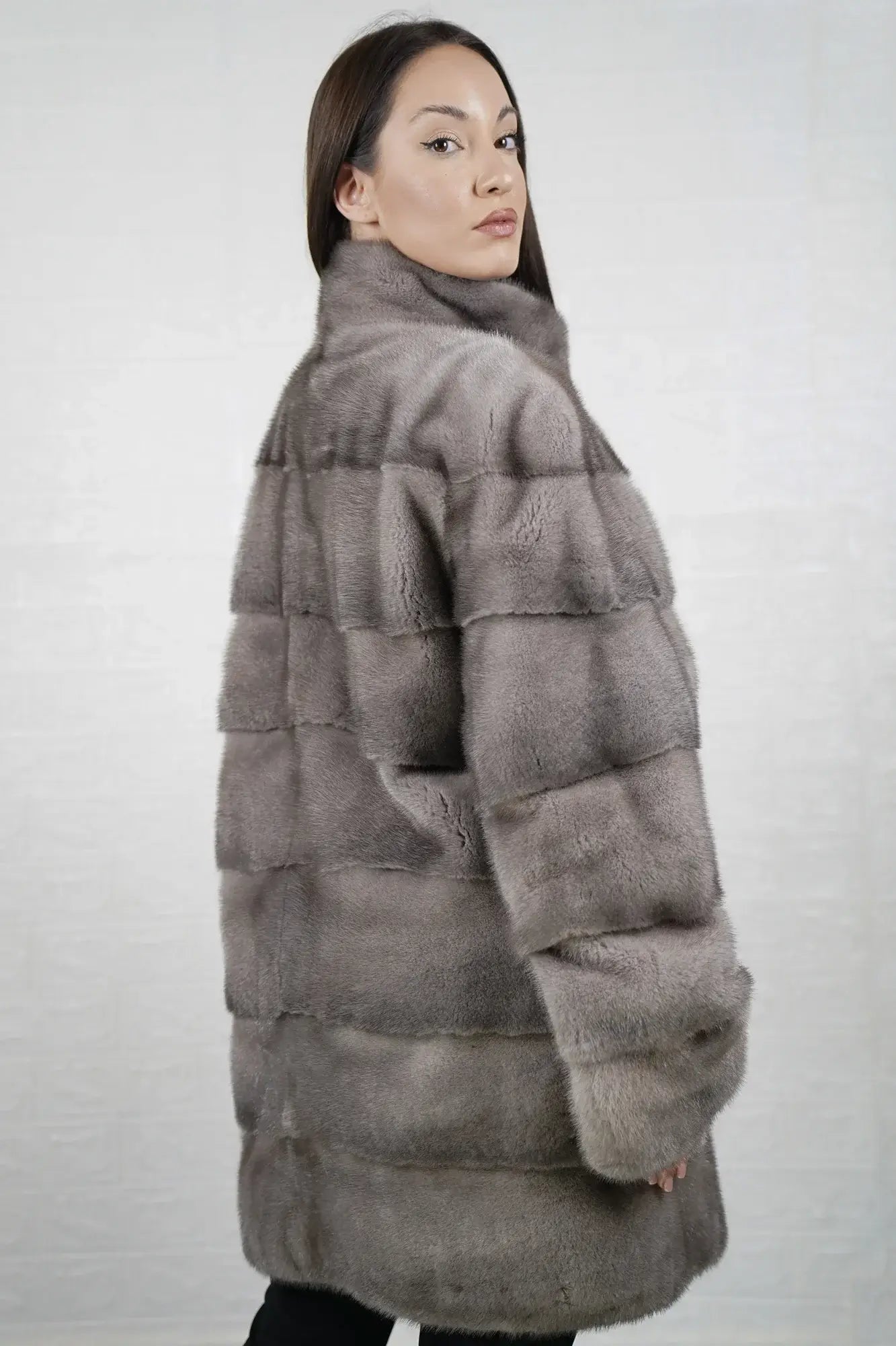 Mink fur coat silver with collar displaying cool luminous silver tone and clean above the knee silhouette — Greek craftsmanship, TatiFurs
