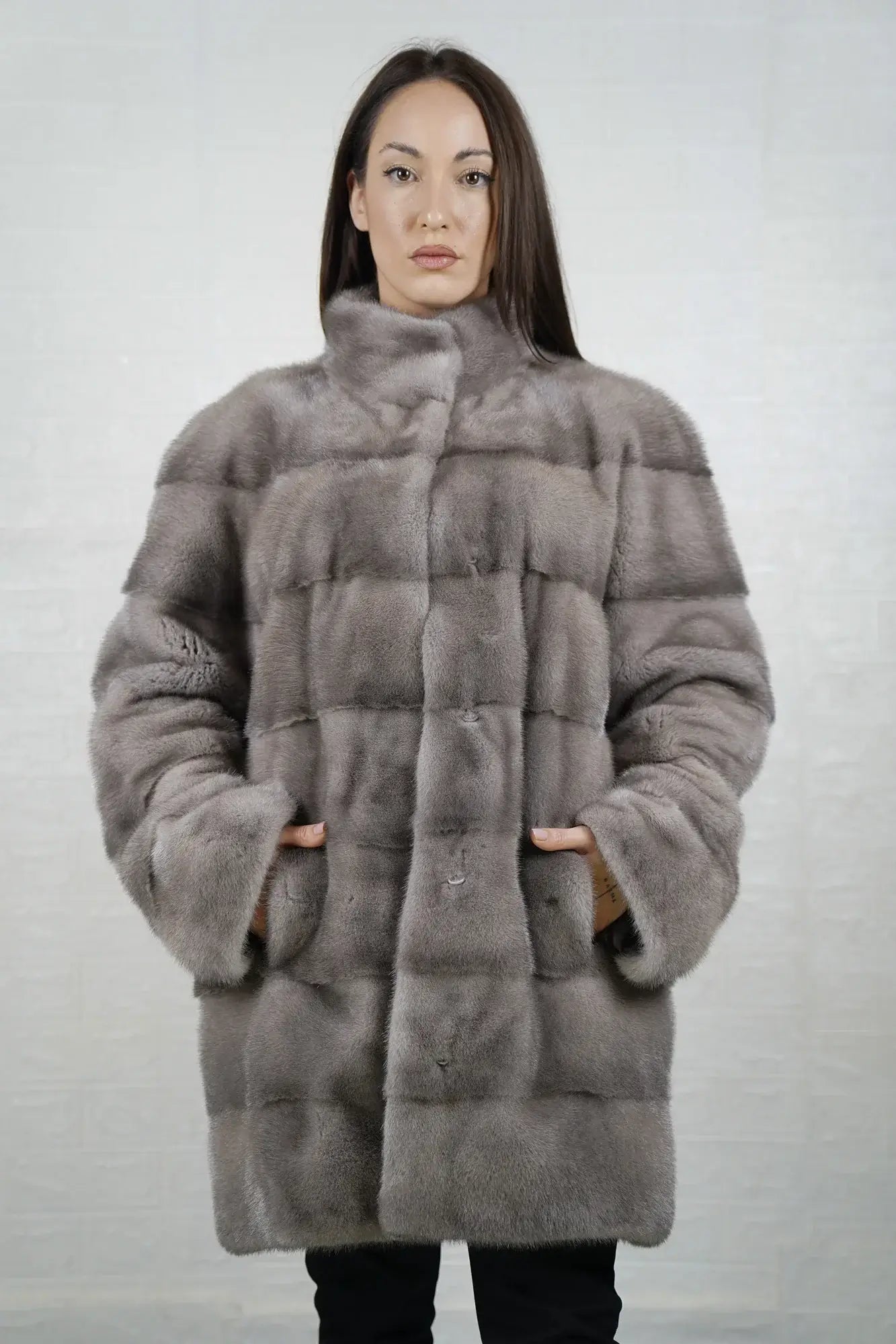 Mink fur coat silver collar hidden buttons women — front view, TatiFurs
