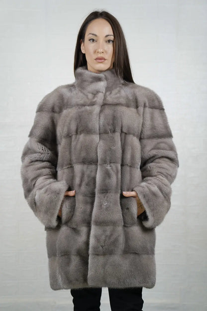 Mink fur coat silver collar hidden buttons women — front view, TatiFurs
