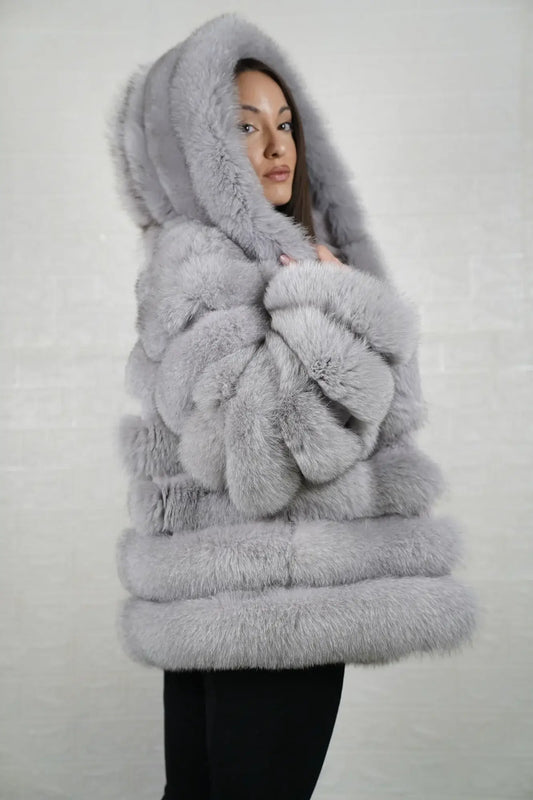 Gray fox fur jacket hooded rabbit trim above hip women — front view hood down, TatiFurs
