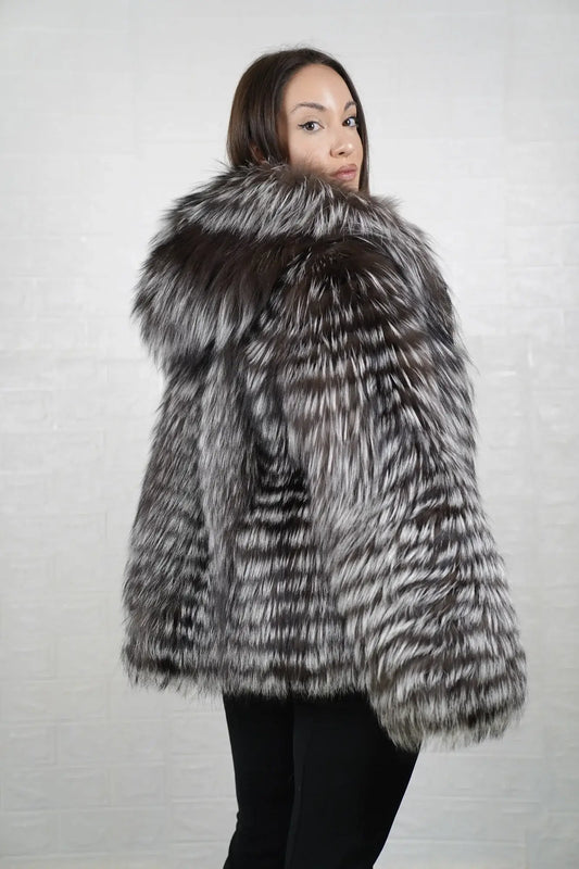 Silver fox fur jacket displaying full skin luminous silver fox pile and hip level hooded silhouette — Greek craftsmanship, TatiFurs
